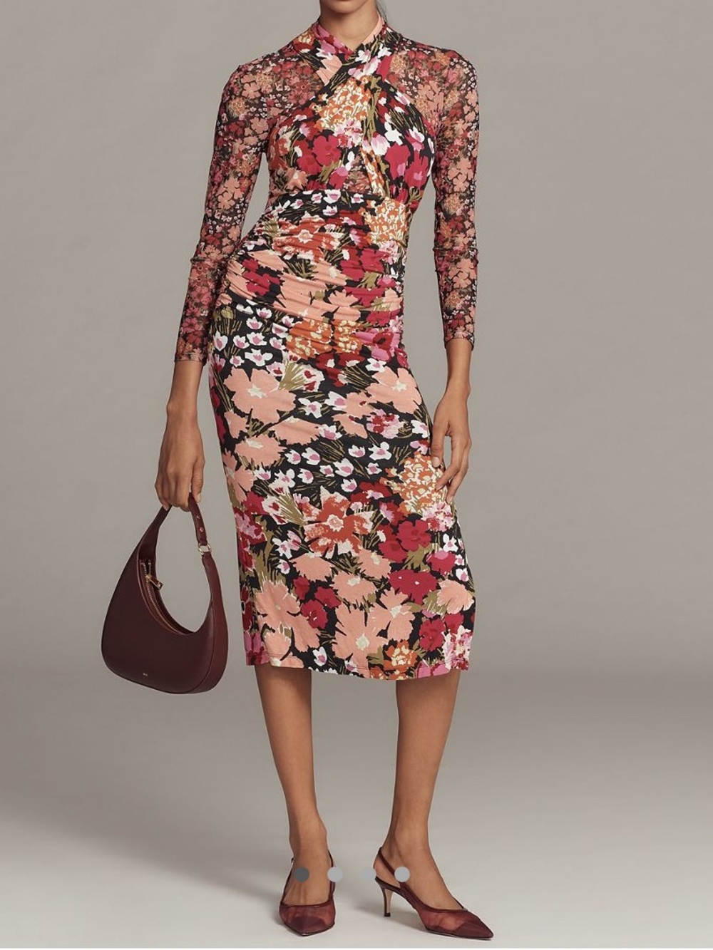 Anthropologie Pink, Black & Orange Long Sleeve Halter Mesh Midi Dress